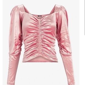 Express Pink Velvet Long Sleeve Ruched Front Top Size S NWT!